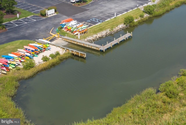 drone / aerial view with a water view