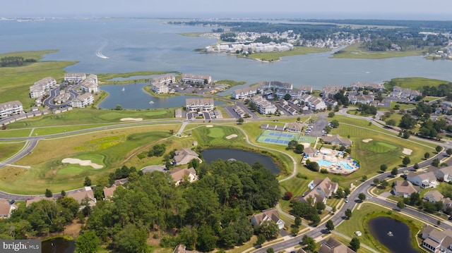 bird's eye view with a water view