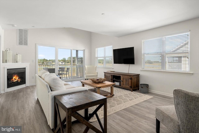 living room with lofted ceiling and hardwood / wood-style flooring