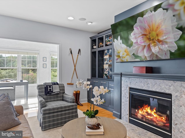 living room featuring light hardwood / wood-style flooring and a tiled fireplace