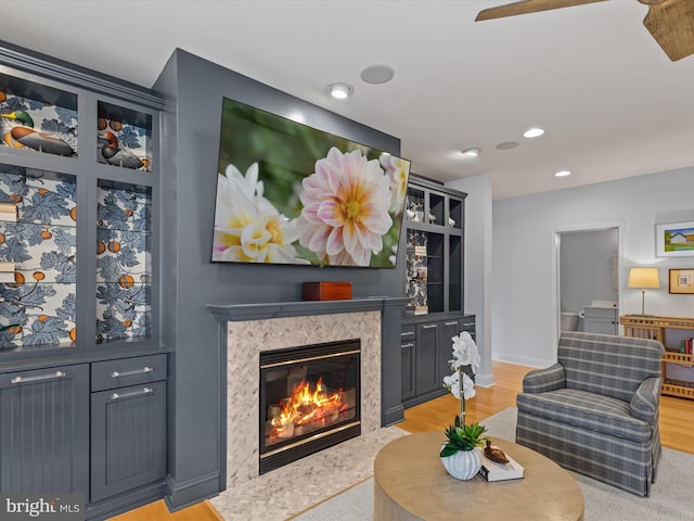 living room with light hardwood / wood-style floors and a fireplace