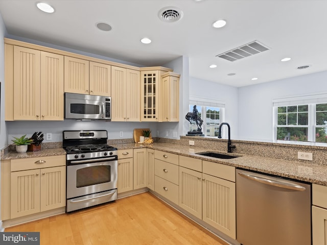 kitchen featuring light hardwood / wood-style flooring, appliances with stainless steel finishes, light stone countertops, and sink