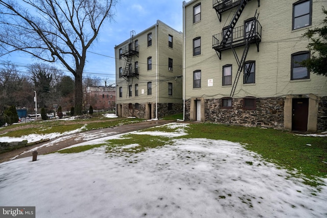 view of snow covered building