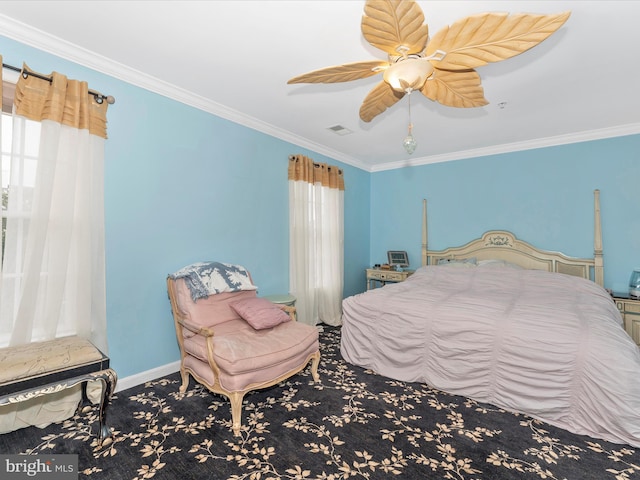 bedroom with crown molding and ceiling fan