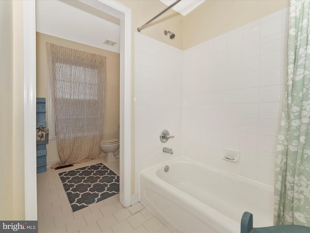 bathroom featuring toilet, shower / bathtub combination with curtain, and tile patterned floors