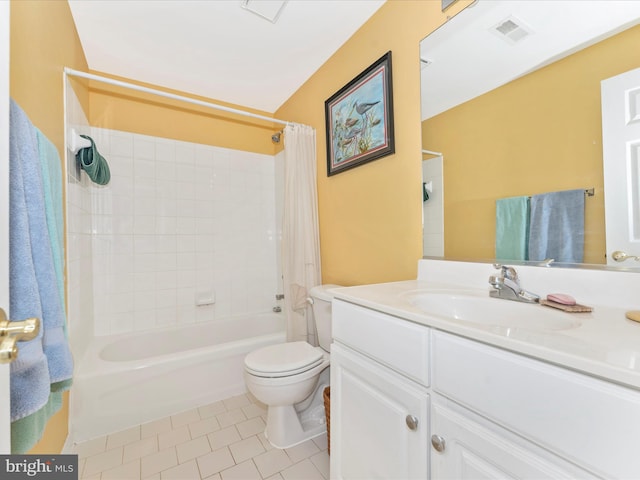 full bathroom featuring vanity, shower / tub combo, toilet, and tile patterned floors