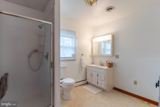 bathroom with vanity, a baseboard radiator, toilet, and a shower with door