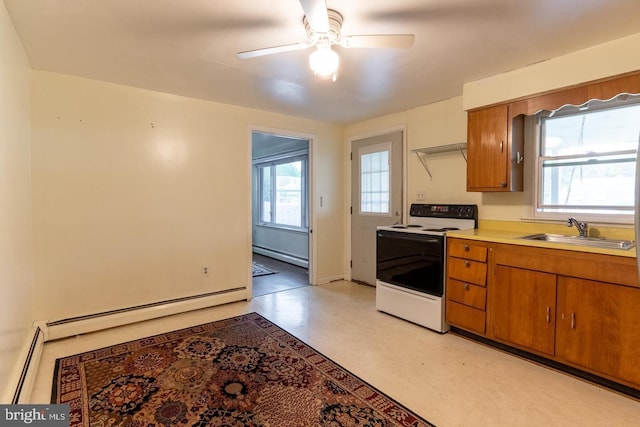 kitchen featuring plenty of natural light, ceiling fan, white range with electric stovetop, and a baseboard radiator