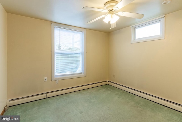 carpeted empty room featuring a baseboard radiator, ceiling fan, and plenty of natural light