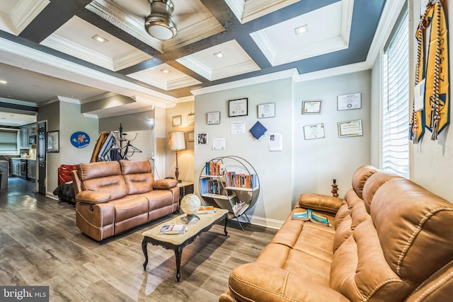 living room with crown molding, coffered ceiling, ceiling fan, and hardwood / wood-style flooring