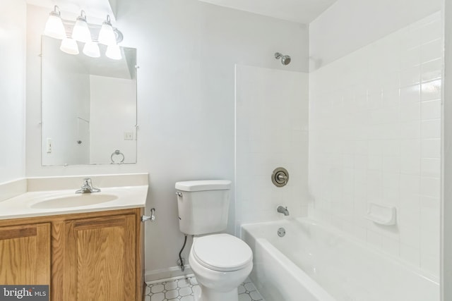 full bathroom featuring vanity, washtub / shower combination, toilet, and tile patterned flooring