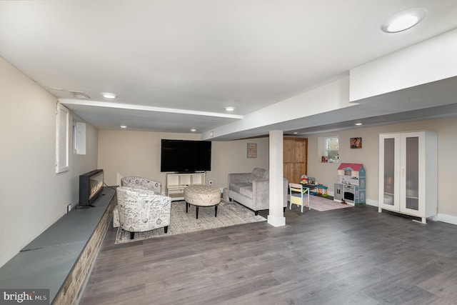 living room with dark wood-type flooring