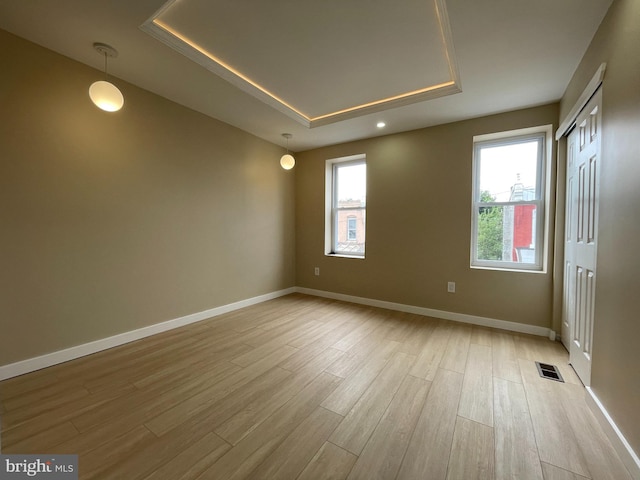 unfurnished room featuring a tray ceiling, light hardwood / wood-style floors, and a wealth of natural light