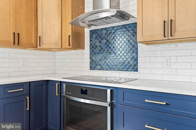 kitchen featuring black electric stovetop, stainless steel oven, range hood, light stone counters, and decorative backsplash