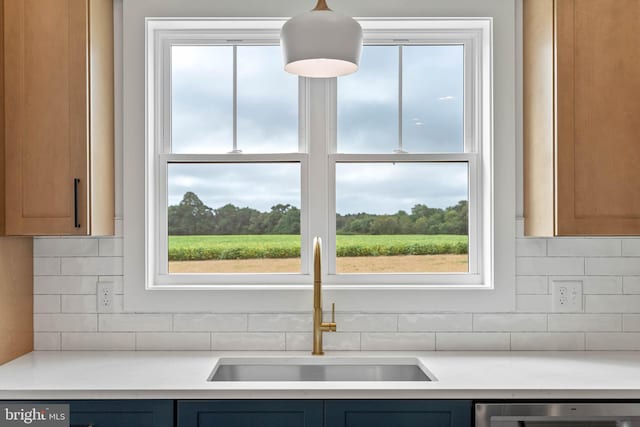 kitchen featuring stainless steel dishwasher, sink, decorative backsplash, and plenty of natural light