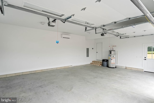 garage with a wall unit AC, water heater, electric panel, and a garage door opener