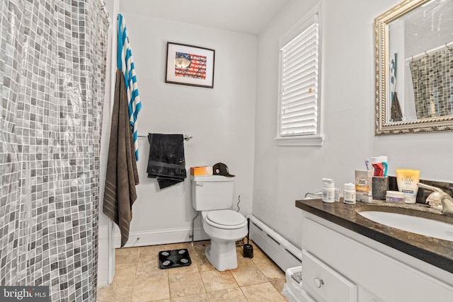 bathroom with baseboard heating, walk in shower, tile patterned floors, vanity, and toilet