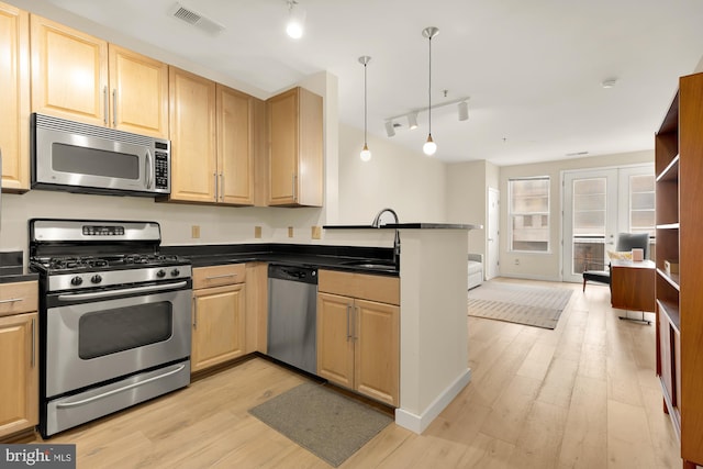 kitchen with light hardwood / wood-style floors, kitchen peninsula, pendant lighting, stainless steel appliances, and track lighting