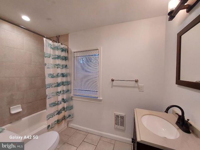 full bathroom with vanity, tile patterned floors, toilet, shower / tub combo with curtain, and heating unit