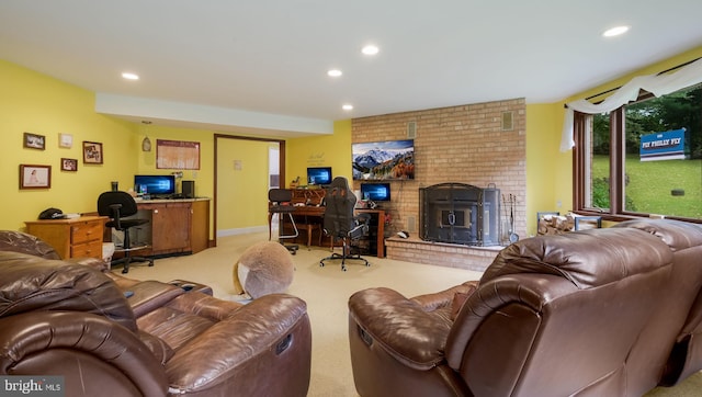 carpeted living room featuring a brick fireplace