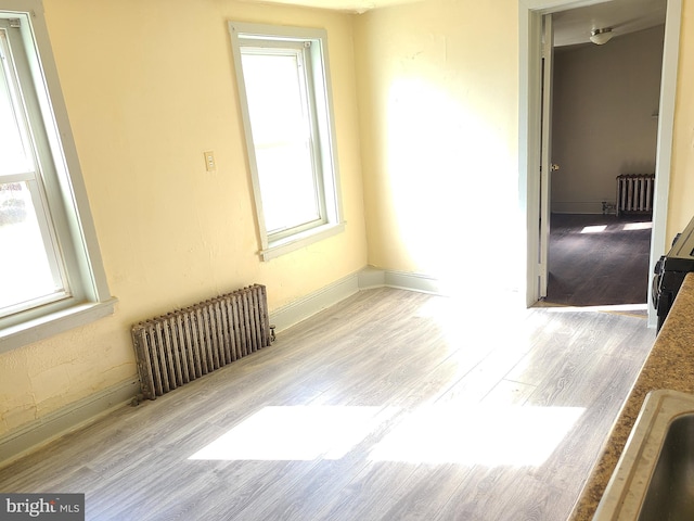 empty room with a healthy amount of sunlight, light hardwood / wood-style floors, and radiator heating unit