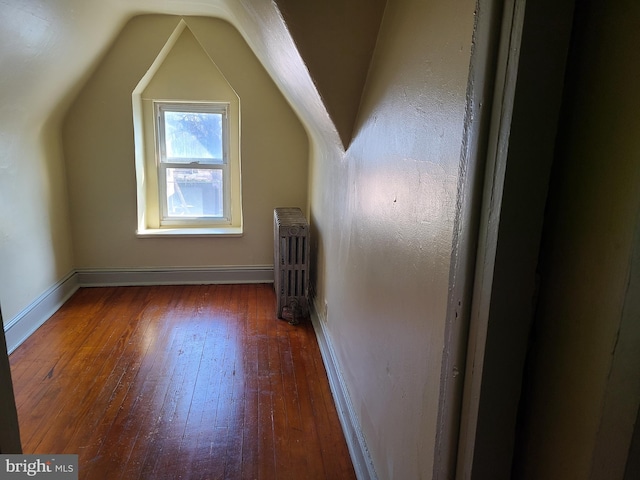 additional living space with vaulted ceiling, dark hardwood / wood-style floors, and radiator heating unit