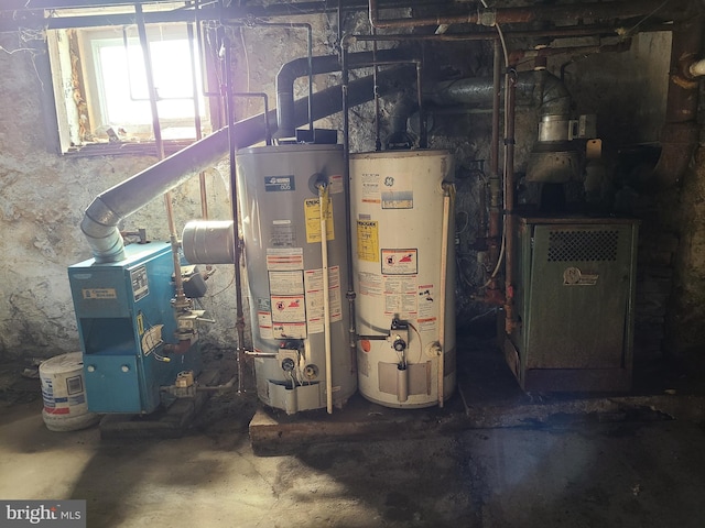 utility room featuring water heater and heating unit