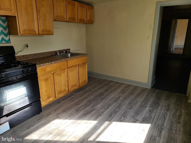 kitchen featuring gas stove, sink, and dark wood-type flooring