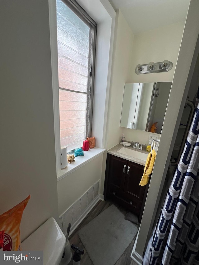 bathroom featuring walk in shower, vanity, and toilet