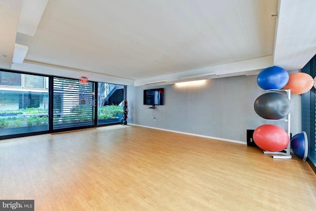 workout room with light hardwood / wood-style flooring