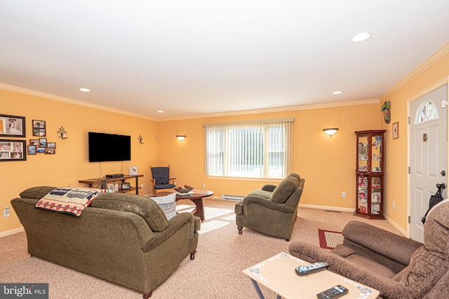 carpeted living room with ornamental molding and a baseboard heating unit