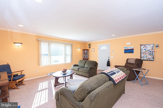 living room with carpet flooring, ornamental molding, and baseboard heating