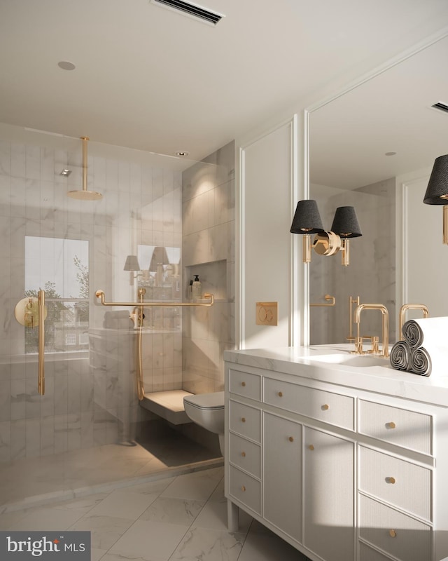 bathroom with vanity, toilet, tile walls, and tiled shower