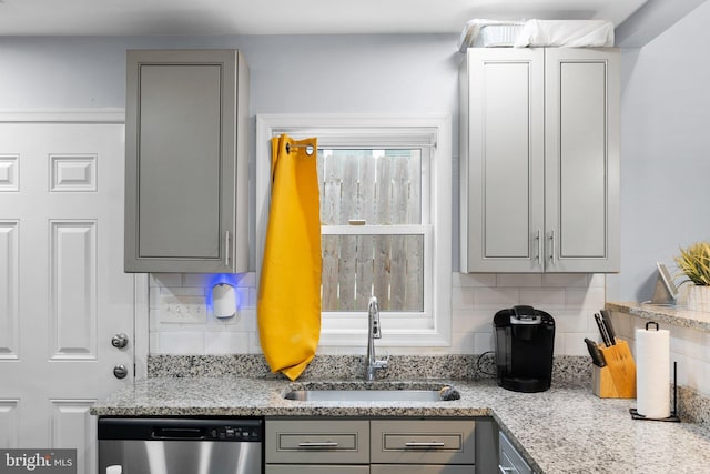 kitchen featuring dishwasher, backsplash, sink, and gray cabinets