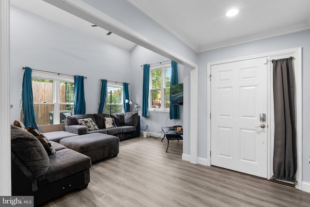 living room with light wood-type flooring, ornamental molding, and a wealth of natural light