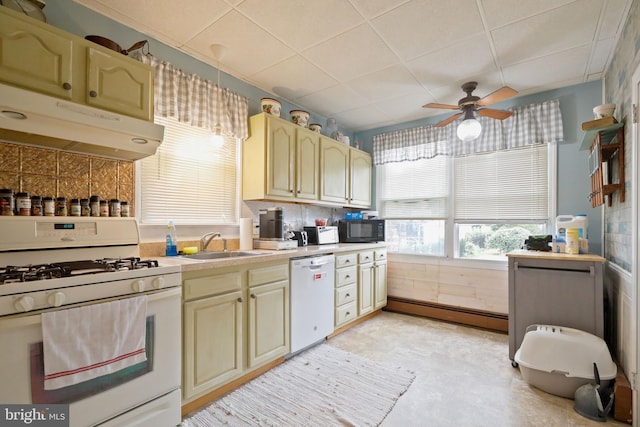 kitchen with ceiling fan, a drop ceiling, white appliances, sink, and baseboard heating