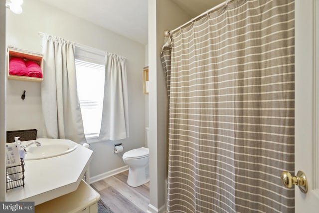 bathroom with vanity, hardwood / wood-style floors, and toilet