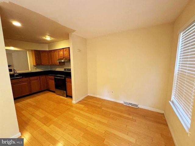 kitchen featuring electric stove, light hardwood / wood-style flooring, and sink