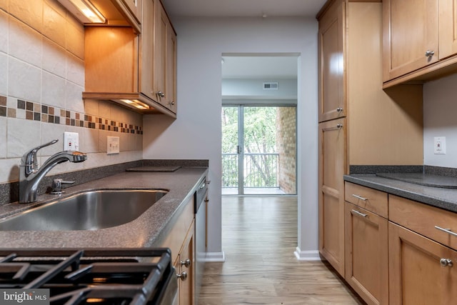 kitchen featuring sink, appliances with stainless steel finishes, backsplash, and light hardwood / wood-style floors