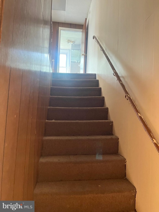 staircase featuring wood walls