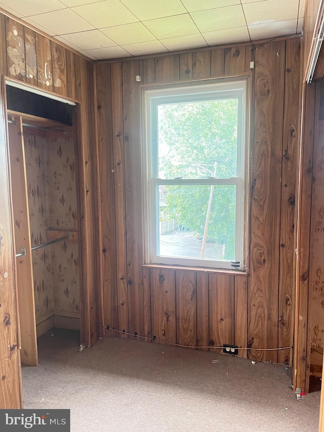 unfurnished bedroom with wood walls and carpet floors