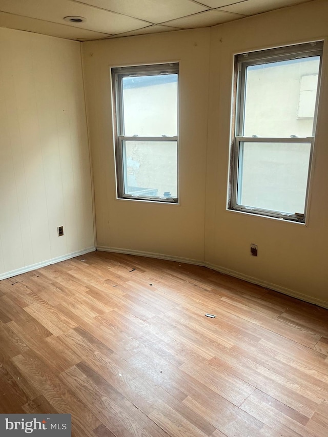 empty room featuring light wood-type flooring and a drop ceiling