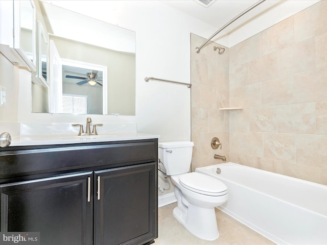 full bathroom with tile patterned flooring, ceiling fan, toilet, tiled shower / bath, and vanity