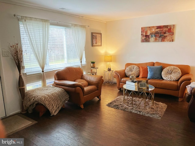 living room with wood-type flooring and ornamental molding