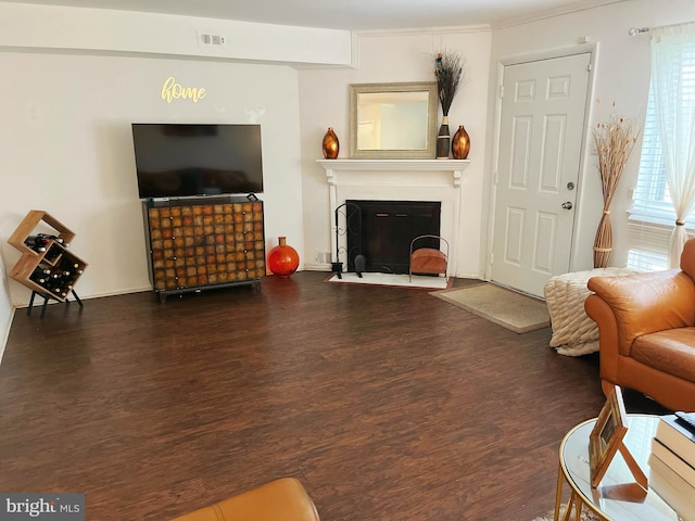 living room featuring ornamental molding and dark wood-type flooring