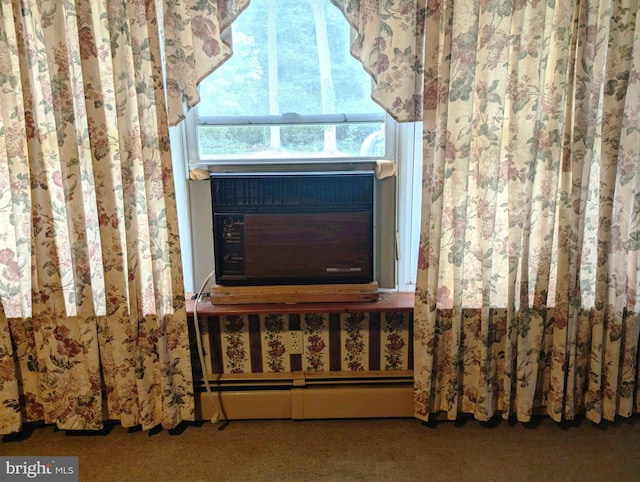 room details with carpet floors, cooling unit, and a baseboard heating unit