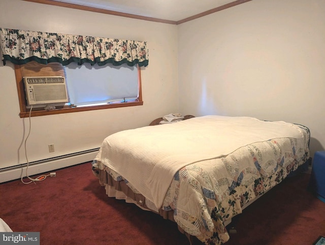 bedroom with crown molding and carpet