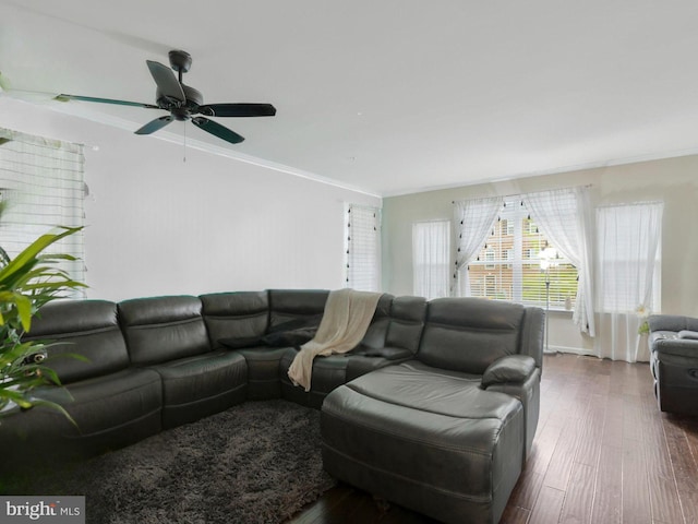 11487 Stockport Pl, White Plains, MD 20695 - living area featuring a ceiling fan, ornamental molding, and dark wood finished floors