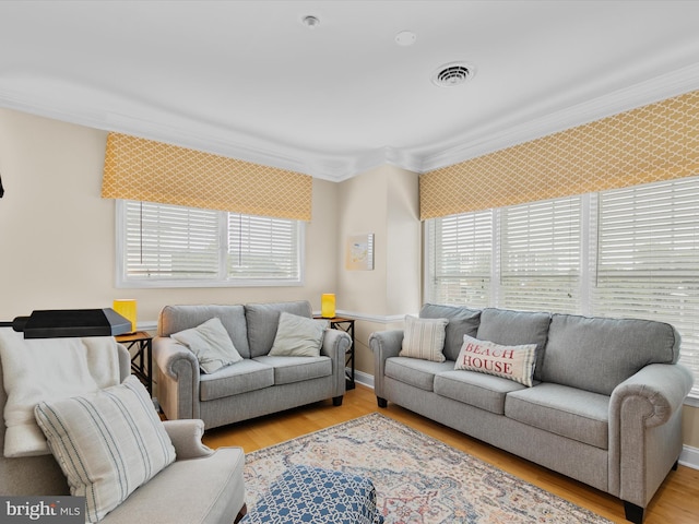 living room featuring light hardwood / wood-style flooring and crown molding