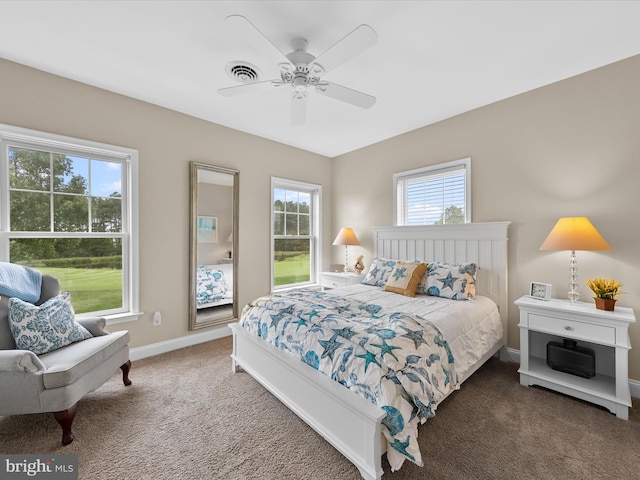 bedroom featuring ceiling fan and carpet floors